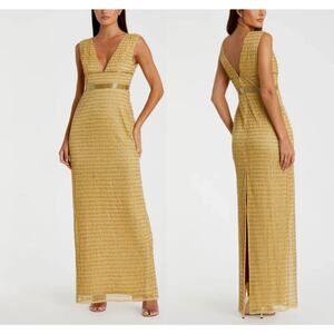 MAC DUGGAL Women's Beaded Cap Sleeve V Neck Column Gown In Gold Size 8 NWT